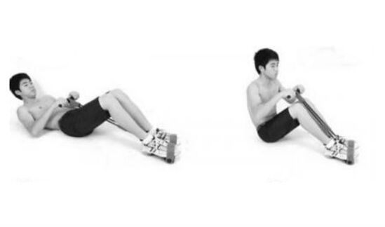 On the exhale simultaneously lift the upper body and bend the legs at the knees